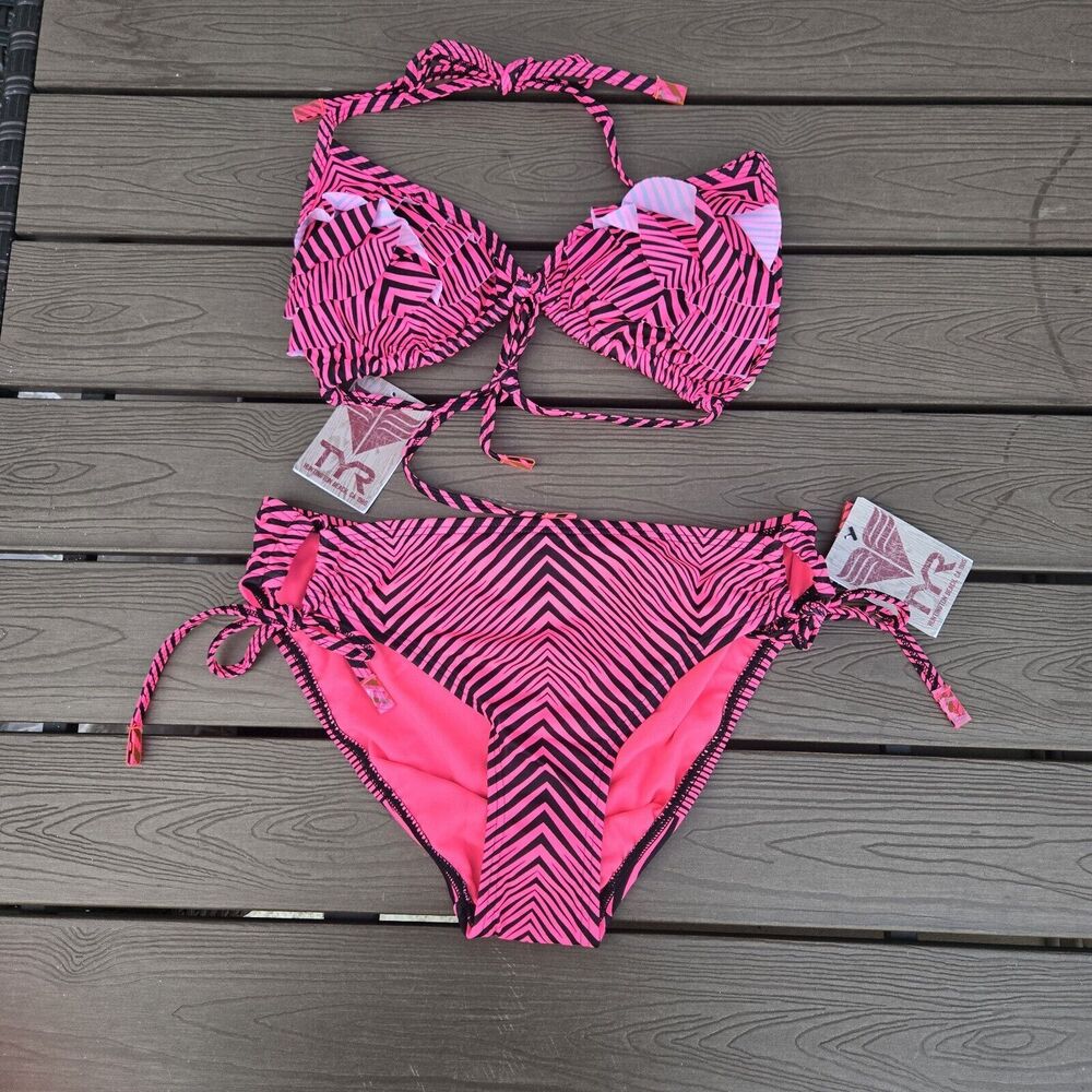 NWT TYR Womens Zig Zag Laser Ruffle Pink/black String Bikini Set Sz L NWT